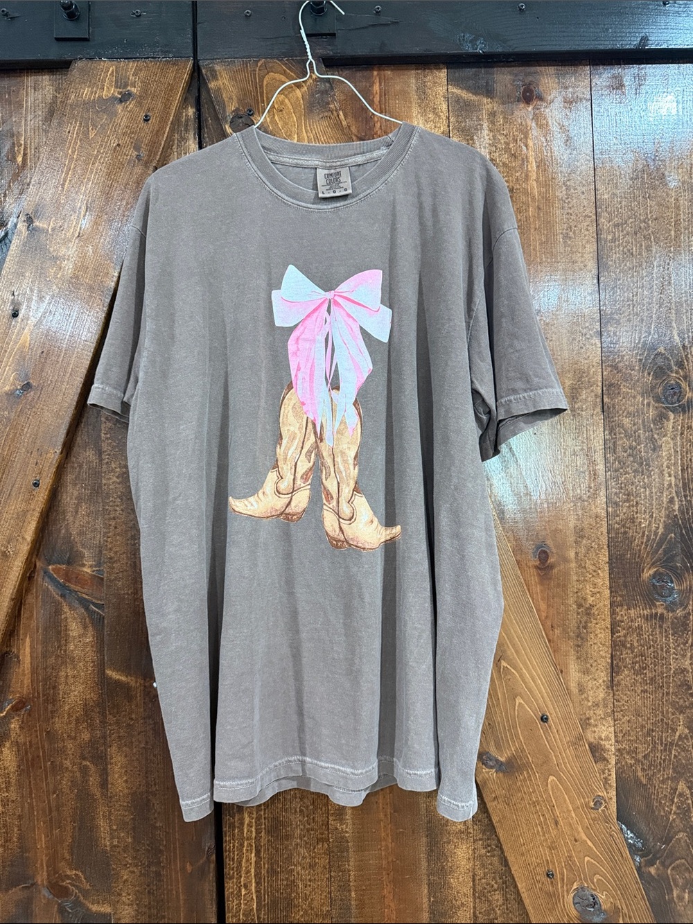 Comfort Colors Brown Tee with Pastel Bow & Cowboy Boot Graphic